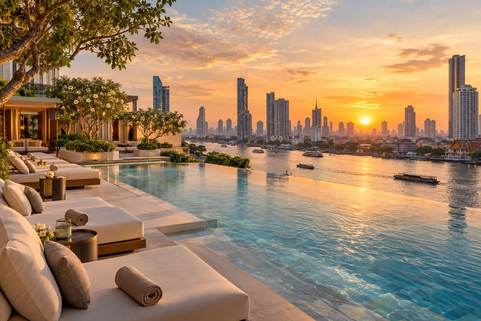 Fictional luxury riverside infinity pool overlooking the Bangkok skyline at sunset